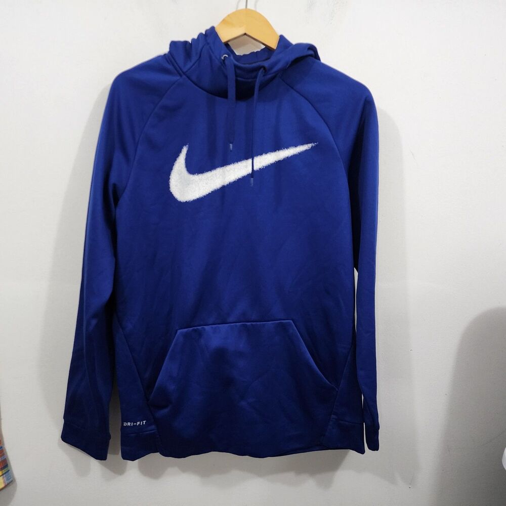 Nike Dri-FIT Pullover Hoodie Blue Swoosh Logo Sweatshirt Long Sleeve Mens Medium